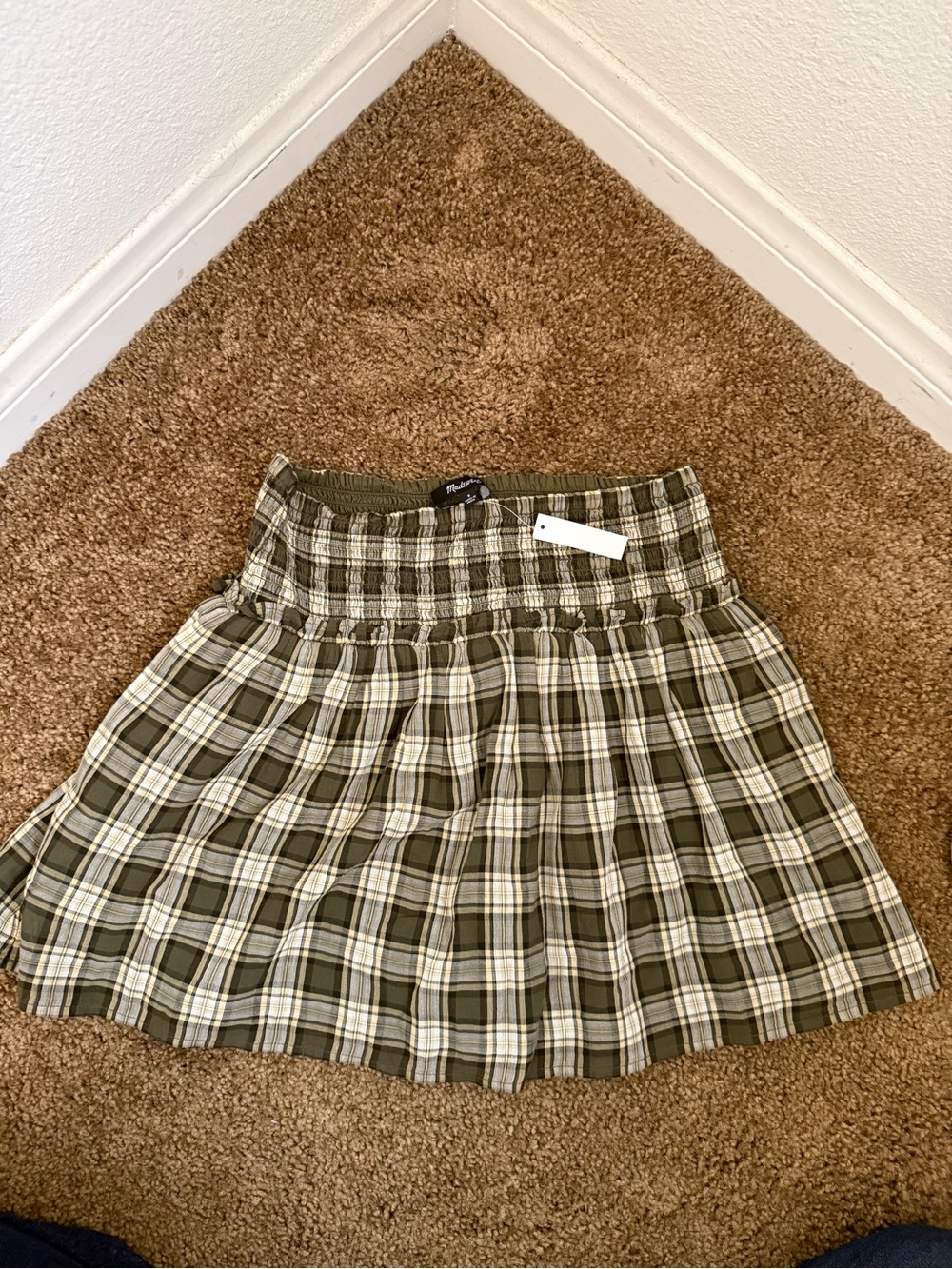 Madewell Olive Plaid Smocked Mini Skirt